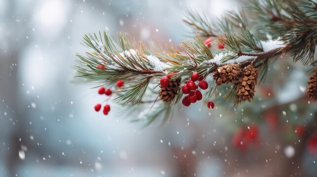 Pine branch covered in snow with red berries and pine cones. Winter background with falling snowflakes for Christmas and New Year greeting card.