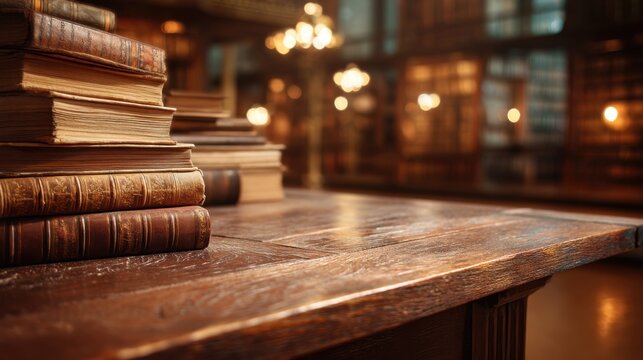 Stack of old books on a wooden table in a dimly lit library. Concept of knowledge, education, and vintage wisdom.
