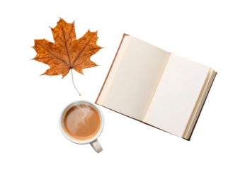 Golden autumn scene featuring maple leaf, coffee cup, and blank notebook pages, isolated on a transparent background