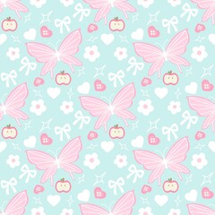 A cute pastel coquette seamless pattern featuring soft ribbons, bows, hearts, and delicate decorative elements. Perfect for gift wrapping, scrapbook paper, stationery design, textile prints, and girly