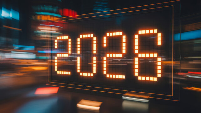 Illuminated digital display showing the year 2026 bright lights and blurred background create a futuristic effect suitable for technology and new year themes