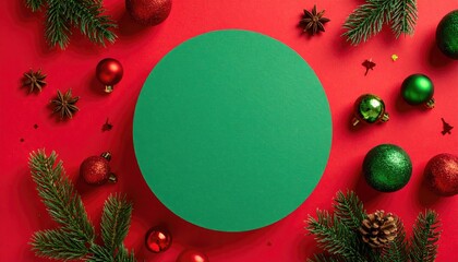Christmas flat lay with green circle for text and festive decorations.