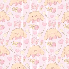 A cute pastel coquette seamless pattern featuring soft ribbons, bows, hearts, and delicate decorative elements. Perfect for gift wrapping, scrapbook paper, stationery design, textile prints, and girly