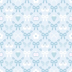 A cute pastel coquette seamless pattern featuring soft ribbons, bows, hearts, and delicate decorative elements. Perfect for gift wrapping, scrapbook paper, stationery design, textile prints, and girly