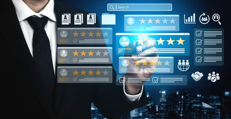Digital dashboard showing employee evaluation, star ratings, and performance metrics for HR and management analytics Parse