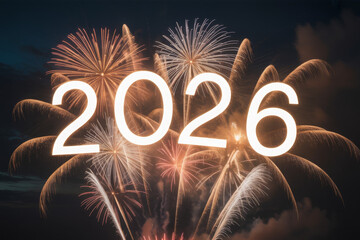 Bright fireworks display with the year 2026 celebrating the upcoming new year perfect for event announcements and festive designs