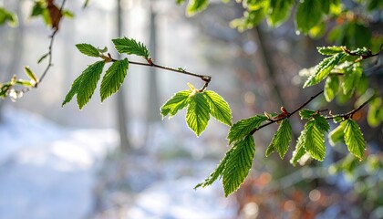 Close up of fresh green leaves on a tree branch in a forest.