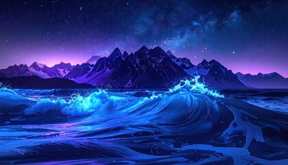 Ocean waves crash against a mountainous coastline under a starry night sky with vibrant purple and blue hues illuminating the landscape