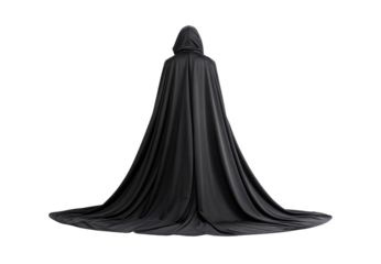 Figure in black hooded cloak viewed from back angle, isolated on a transparent background