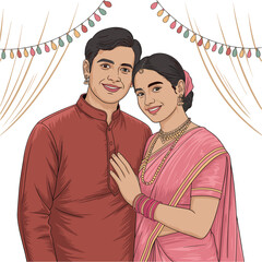 Traditional Indian Couple Portrait in Festive Attire with Decorative Background &ndash; Vector Illustration