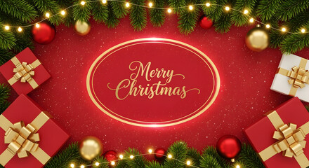 Merry christmas festive background, glowing string lights, lush fir branches, gift boxes, and elegant ornaments on a vibrant red.