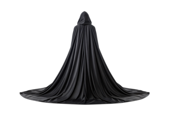 Person wearing flowing black hooded cape with dramatic train, isolated on a transparent background