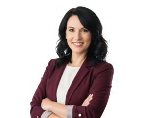 Professional woman with dark hair wearing a burgundy blazer and white top smiling confidently isolated on transparent background