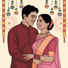 Indian Couple in Traditional Festive Attire with Decorative Background &ndash; Vector Illustration