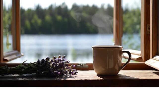 Tranquil lakeside morning scene framed by a wooden window with lavender and a steaming mug