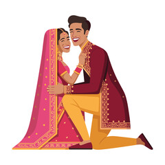 Romantic Indian Wedding Couple in Traditional Attire &ndash; Kneeling Pose Vector Illustration