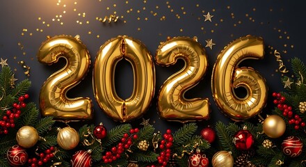 Golden 2026 balloons and festive christmas decorations for new year celebration