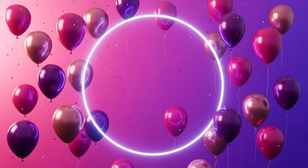 Vibrant balloons and neon circle frame on gradient background for celebration and party themes