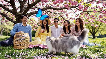 Joyful outdoor picnic gathering with feline friend enjoying spring blossoms and sunny day ambiance