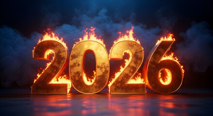 Fiery golden number 2026 stands engulfed in intense flames with smoke rising, symbolizing a transformative year ahead, future challenges or pivotal events