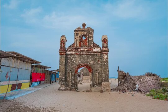 Old Roman Catholic church at Dhanushkodi south eastern tip of Pamban Island, Tamil Nadu State, India. Dhanushkodi is an abandoned town. because it was destroyed during the Rameswaram cyclone in 1964.