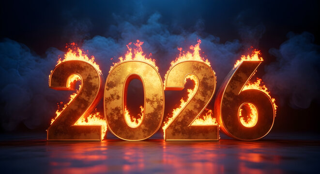 Fiery golden number 2026 stands engulfed in intense flames with smoke rising, symbolizing a transformative year ahead, future challenges or pivotal events - Powered by Adobe