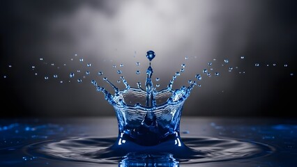 Classic blue water splash crown with flying droplets, macro liquid ripple and purity concept on dark background