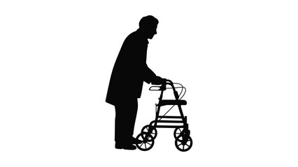 Silhouette of elderly person using walker against white background