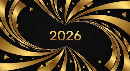 Elegant gold swirling abstract design with the year 2026 in the center on black background