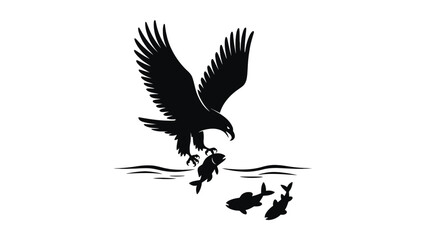 Black silhouette of an eagle catching a fish above water and fish
