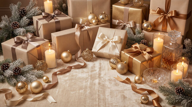 Elegant vertical gold and beige holiday decor featuring gifts, ornaments, and ribbons, creating a warm festive scene ideal for Christmas and New Year celebrations and greetings