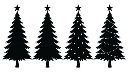 Four christmas tree silhouettes with stars and different decorations