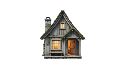 A cozy, rustic wooden cottage with a chimney and mossy roof, illuminated by a warm light inside, set against a white background.
