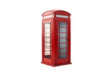 Traditional red telephone box with curved top and window panes, vintage communication symbol, isolated on a transparent background