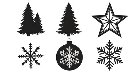 Winter holiday and christmas elements vector collection featuring pine trees, snowflakes, star, and ornament for festive designs