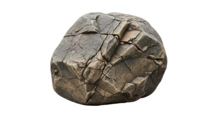 A large, irregularly shaped rock with a rough, cracked surface, isolated on a white background.