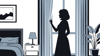 Silhouette of woman opening curtains in bedroom with bed and plant near