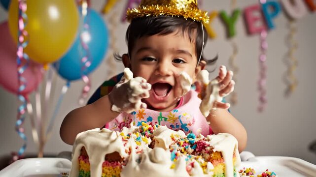 Baby Smashing Birthday Cake With Icing and Sprinkles, Happy First Birthday