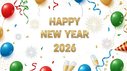 Sparkling Happy New Year 2026 Celebration with Balloons and Confetti