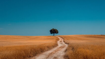 Fototapeta premium Golden field, lone tree, vast blue sky