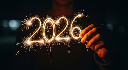 Hand drawing the year 2026 with a sparkler at night creating a bright fiery effect