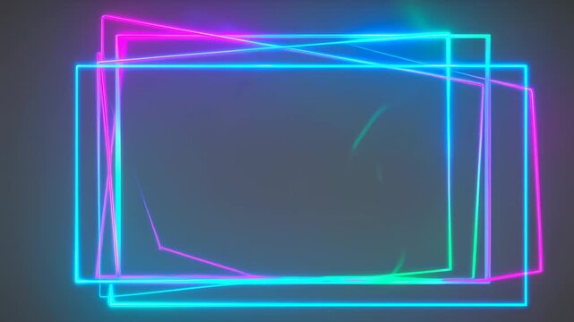 Glowing neon frames overlap on a dark background