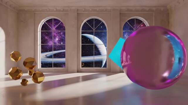 Floating Colorful Shapes In Space Room With Windows 4K