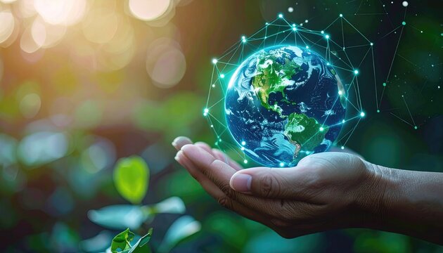 Open Hand Holding Glowing Digital Earth With Network Connections Overlay Against Blurred Green Forest Background With Bokeh Lights