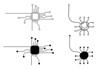 Minimalist Black and White Microchip and Neural Circuit Vector Icons