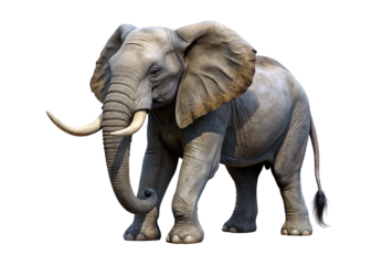 African elephant with large tusks and ears, isolated on a transparent background