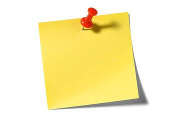 Yellow sticky note with a red pushpin isolated on white background