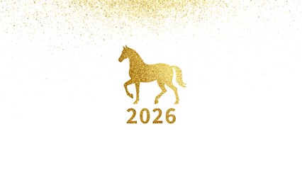 A luxurious golden horse with the numbers "2026" on a white background with gold glitter.