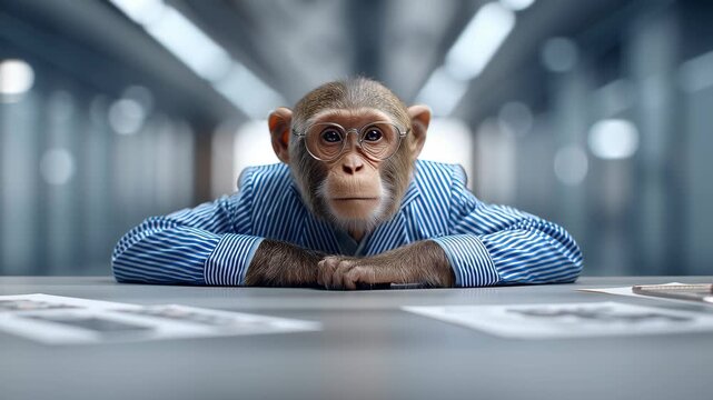 A macaque in a blue striped suit leans on his crossed arms at an office desk, slowly changing his position, calmly looking at the camera in the soft cool light of a spacious corporate hallway.