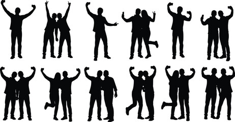 Business people celebrating success, teamwork silhouettes, joyful pose, professional unity, corporate happiness, partnership icons, black figures, flat vector